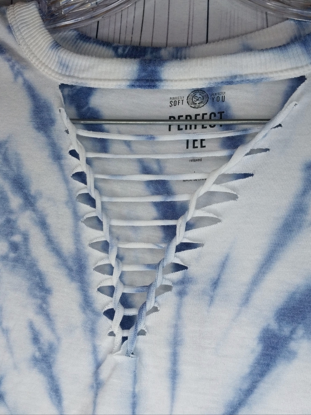 American Eagle Blue and White Tie-Dye Boho  Festival Tank with Lattice V-Neck - Picture 2 of 7